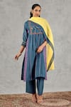 Shivani Bhargava_Blue Chanderi, Cotton Embroidery Split V-neck Hand Kurta Set _at_Aza_Fashions