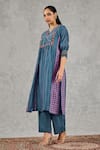 Shivani Bhargava_Blue Chanderi Embroidery, Metallic Thread Split V-neck Block Print And Hand Kurta _Online_at_Aza_Fashions