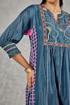 Shivani Bhargava_Blue Chanderi Embroidery, Metallic Thread Split V-neck Block Print And Hand Kurta _at_Aza_Fashions