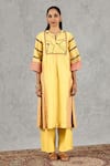 Shop_Shivani Bhargava_Yellow Chanderi, Cotton Embroidery Split V-neck Block Print And Hand Kurta Set _Online_at_Aza_Fashions