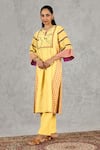 Shop_Shivani Bhargava_Yellow Chanderi, Cotton Embroidery Split V-neck Block Print And Hand Kurta Set 