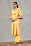Shop_Shivani Bhargava_Yellow Chanderi Embroidery Split V-neck Block Print And Hand Kurta _Online_at_Aza_Fashions