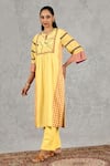 Shivani Bhargava_Yellow Chanderi Embroidery Split V-neck Block Print And Hand Kurta _at_Aza_Fashions