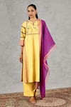 Shivani Bhargava_Yellow Chanderi Embroidery Split V-neck Block Print And Hand Kurta _Online