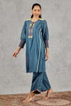 Shivani Bhargava_Blue Chanderi, Cotton Embroidery Round Neck Scallop Hem Hand Kurta Set _Online_at_Aza_Fashions