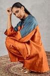 Shop_Shivani Bhargava_Orange Silk Embroidery Mandarin Collar Colorblock Hand Tunic And Pant Set _Online_at_Aza_Fashions