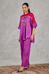 Shop_Shivani Bhargava_Purple Silk Embroidery Mandarin Collar Color Block Hand Tunic And Pant Set _Online_at_Aza_Fashions