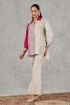 Shop_Shivani Bhargava_Grey Silk Embroidery, Studs Collared Printed Shirt And Pant Set 