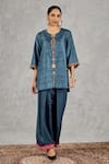 Buy_Shivani Bhargava_Blue Chanderi Embroidery, Tassels Split V-neck Hand Kurta _Online_at_Aza_Fashions