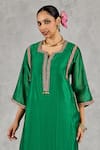 Shivani Bhargava_Emerald Green Chanderi, Satin, Silk Embroidery, Metallic Hand Kurta With Pant _Online_at_Aza_Fashions