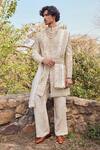 Shop_Mukti And Kavith Casa_Gold Silk Embroidery, Zari Mehr Heritage Sherwani Set _at_Aza_Fashions