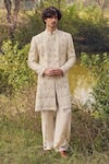 Buy_Mukti And Kavith Casa_Gold Silk Embroidery, Zari Sherwani Kurta Set _at_Aza_Fashions