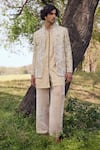 Mukti And Kavith Casa_Gold Silk Embroidery, Zari The Aranya Pattern Sherwani Jacket Set _Online_at_Aza_Fashions