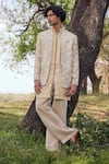 Buy_Mukti And Kavith Casa_Gold Silk Embroidery, Zari The Aranya Pattern Sherwani Jacket Set _at_Aza_Fashions