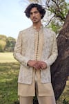 Buy_Mukti And Kavith Casa_Gold Silk Embroidery, Zari The Aranya Pattern Sherwani Jacket Set _Online_at_Aza_Fashions