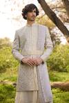 Shop_Mukti And Kavith Casa_Gold Chanderi Embroidery, Zari Heritage Weave Sherwani Set _Online_at_Aza_Fashions