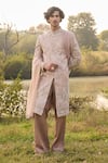 Shop_Mukti And Kavith Casa_Pink Brocade Embroidery, Metallic Thread Sherwani Set _at_Aza_Fashions
