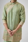 Buy_Mukti And Kavith Casa_Green Tissue, Silk Embroidery, Zari Dynasty Angrakha Kurta Set _Online_at_Aza_Fashions