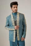 Buy_Mukti And Kavith Casa_Blue Silk Embroidery, Zari The Regal Booti Bandhgala Set _Online_at_Aza_Fashions
