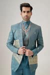 Mukti And Kavith Casa_Blue Silk Embroidery The Oceanic Royalty Bandhgala Set _Online_at_Aza_Fashions