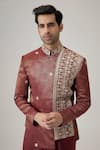 Buy_Mukti And Kavith Casa_Brown Jacquard Sequins, Embroidery The Crimson Scroll Work Bandhgala Set _Online_at_Aza_Fashions