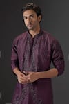 Mukti And Kavith Casa_Wine Silk, Velvet Beads, Embroidery Plum Dusk Kurta Set _Online_at_Aza_Fashions