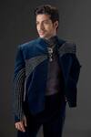 Buy_Mukti And Kavith Casa_Navy Suede, Cotton, Velvet The Neptunes Embrace Embellished Tuxedo And Pant Set _Online_at_Aza_Fashions