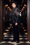 Shop_Mukti And Kavith Casa_Black Suede, Organza Beads, Embroidery, Regal Noir Beaded Embellished Tuxedo Set _at_Aza_Fashions