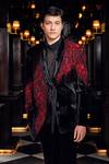 Shop_Mukti And Kavith Casa_Black Velvet Beads, Sequins, Embroidery Crimson Eclipse Embellished Tuxedo Set _Online_at_Aza_Fashions