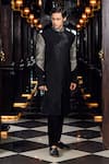 Mukti And Kavith Casa_Black Suede, Cotton Imperial Eclipse Striped Embroidered Sherwani And Pant Set _Online_at_Aza_Fashions