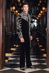 Shop_Mukti And Kavith Casa_Black Suede Embroidery, Sequins Midnight Vine Motif Sherwani Set _at_Aza_Fashions