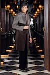 Buy_Mukti And Kavith Casa_Brown Suede, Cotton Embroidery, Zari Embellished Sherwani And Pant Set _Online_at_Aza_Fashions