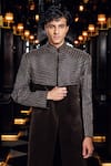 Shop_Mukti And Kavith Casa_Brown Suede, Cotton Embroidery, Zari Embellished Sherwani And Pant Set _Online_at_Aza_Fashions
