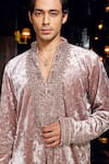 Mukti And Kavith Casa_Peach Velvet Embroidery, Beads, Stones Kurta Set _at_Aza_Fashions