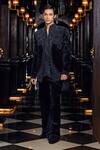 Shop_Mukti And Kavith Casa_Black Suede, Organza, Cotton Beads, Embroidery Midnight Regent Tuxedo Set _at_Aza_Fashions