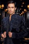 Buy_Mukti And Kavith Casa_Black Suede, Organza, Cotton Beads, Embroidery Midnight Regent Tuxedo Set _Online_at_Aza_Fashions
