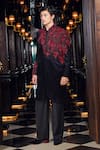 Shop_Mukti And Kavith Casa_Black Suede Embroidery, Sequins, Beads Crimson Noir Sherwani Set _at_Aza_Fashions