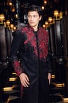 Buy_Mukti And Kavith Casa_Black Suede Embroidery, Sequins, Beads Crimson Noir Sherwani Set _Online_at_Aza_Fashions