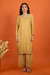 Buy_Naintara Bajaj_Yellow Satin, Silk Embroidery Round Neck Hand Straight Kurta Set _Online_at_Aza_Fashions