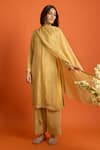 Shop_Naintara Bajaj_Yellow Satin, Silk Embroidery Round Neck Hand Straight Kurta Set 