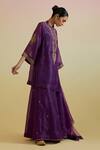 Bunka_Purple Organza Embroidery, Sequins, Zari Split V-neck, Aashra Kurta Sharara Set _Online_at_Aza_Fashions