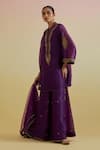 Buy_Bunka_Purple Organza Embroidery, Sequins, Zari Split V-neck, Aashra Kurta Sharara Set _Online_at_Aza_Fashions
