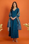 Buy_Naintara Bajaj_Blue Chiffon Sequins, Embroidery, Zari V-neck Butti Pattern Anarkali Set _at_Aza_Fashions