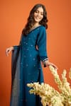 Shop_Naintara Bajaj_Blue Chiffon Sequins, Embroidery, Zari V-neck Butti Pattern Anarkali Set _Online