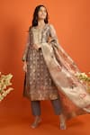 Naintara Bajaj_Brown Organza, Jacquard Embroidery, Zari, Foil Butti Pattern Straight Kurta Set 