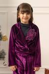 Risa Dreamworld_Wine Velvet Applique, Sequins Cropped Blazer And Flared Trouser Set _Online_at_Aza_Fashions