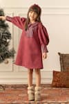 Buy_Risa Dreamworld_Maroon Suede, Leather Embroidery Contrast Collar Dress _at_Aza_Fashions