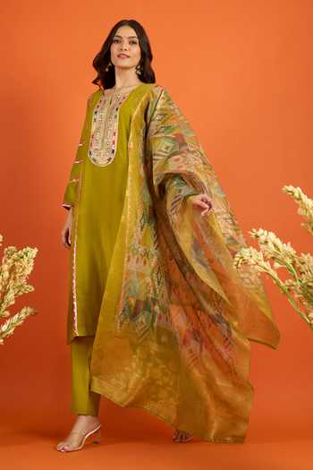 Buy_Khwaab By Sanjana Lakhani_Green Chiffon Embroidery, Straight Kurta Set With Printed Pattern Dupatta _at_Aza_Fashions