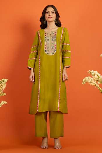 Buy_Khwaab By Sanjana Lakhani_Green Chiffon Embroidery, Straight Kurta Set With Printed Pattern Dupatta _Online_at_Aza_Fashions