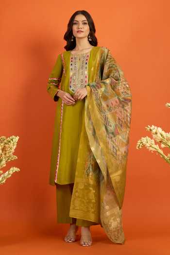 Buy_Khwaab By Sanjana Lakhani_Green Chiffon Embroidery, Straight Kurta Set With Printed Pattern Dupatta 